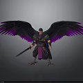 Warrior Character With Spread Purple Black Wings And Sword In Armor