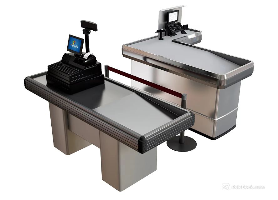 Modern Stainless Steel Reception Desk With POS Terminal Scanner And Countertop 3d model 