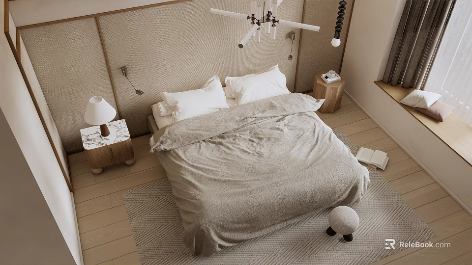 Modern Double Bed Interior With Beige Linen Bedding Bedside Tables And Lamps 3d model 