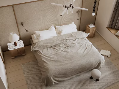 Modern Double Bed Interior With Beige Linen Bedding Bedside Tables And Lamps 3d model