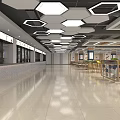 Modern Cafeteria Interior With Hexagonal Ceiling Lights Spacious Floor And Wooden Tables 3d model