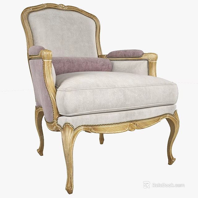 Elegant European Style Single Chair With Gold Carved Frame Light Fabric And Purple Cushion 3d model 