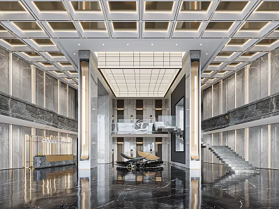 Hotel Lobby With High Ceiling Marble Walls Staircase And Reception Desk 3d model