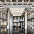 Hotel Lobby With High Ceiling Marble Walls Staircase And Reception Desk