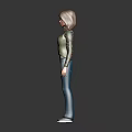 Female Character With Brown Hair In Green Top Camouflage Sleeves And Blue Jeans Standing On Dark Background