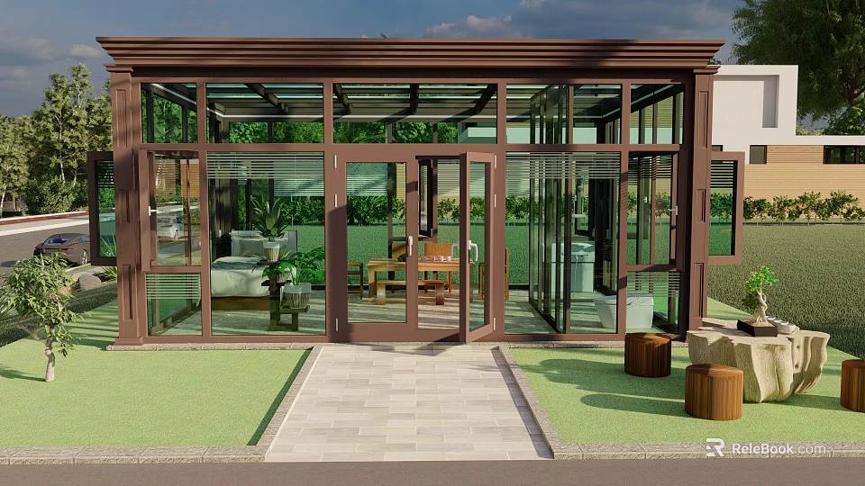 Sunroom With Brown Frame Large Glass Panels Front Lawn Stone Pathway And Outdoor Stools 3d model 