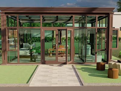 Sunroom With Brown Frame Large Glass Panels Front Lawn Stone Pathway And Outdoor Stools 3d model