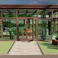 Sunroom With Brown Frame Large Glass Panels Front Lawn Stone Pathway And Outdoor Stools