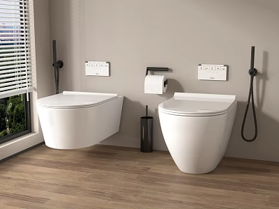 Modern Wall Mounted White Toilet in Bathroom with Toilet Paper Holder and Brush Stand 3d model
