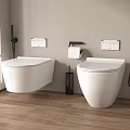 Modern Wall Mounted White Toilet in Bathroom with Toilet Paper Holder and Brush Stand