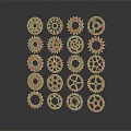 Hardware Tools Displaying Golden Gears Arranged in Rectangle on Dark Background with Reflections 3d model