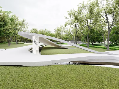 Modern Ornamental Garden Structure With Curved Design Stone Platform Green Lawn And Trees 3d model