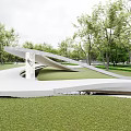 Modern Ornamental Garden Structure With Curved Design Stone Platform Green Lawn And Trees