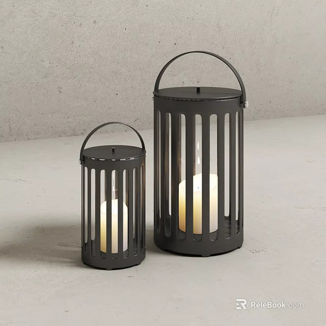 Black Metal Candle Lanterns with Vertical Slats and White Candles in Minimalist Setting 3d model 