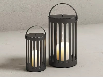 Black Metal Candle Lanterns with Vertical Slats and White Candles in Minimalist Setting 3d model