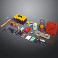 Essential Hardware Tools Collection With Toolbox Hammer Tape Measure Flashlight And Rope 3d model