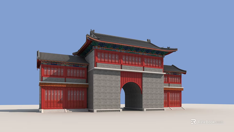 Traditional Chinese Ancient Architecture With Red Gates Gray Walls And Curved Eaves Roof 3d model 