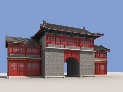 Traditional Chinese Ancient Architecture With Red Gates Gray Walls And Curved Eaves Roof 3d model