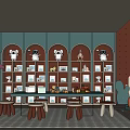Colorful Entertainment Room Interior With Arched Shelves Stuffed Animals Long Table And Stools