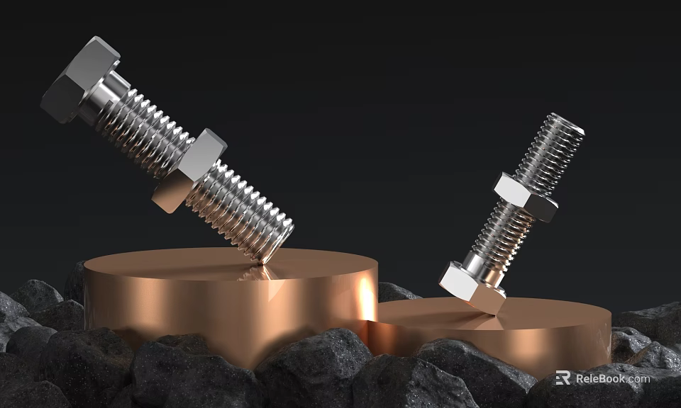 Hinged Door Hardware With Stainless Steel Bolts On Copper Platform And Black Stone Decorations 3d model 