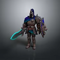 Fantasy Game Movie Character With Detailed Armored Suit Sword Shield And Blue Cloak