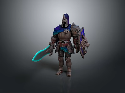 Fantasy Game Movie Character With Detailed Armored Suit Sword Shield And Blue Cloak 3d model