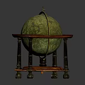 Vintage Decorative Globe Ornament Set With Wooden Base Metal Ring Green Surface And Wheels