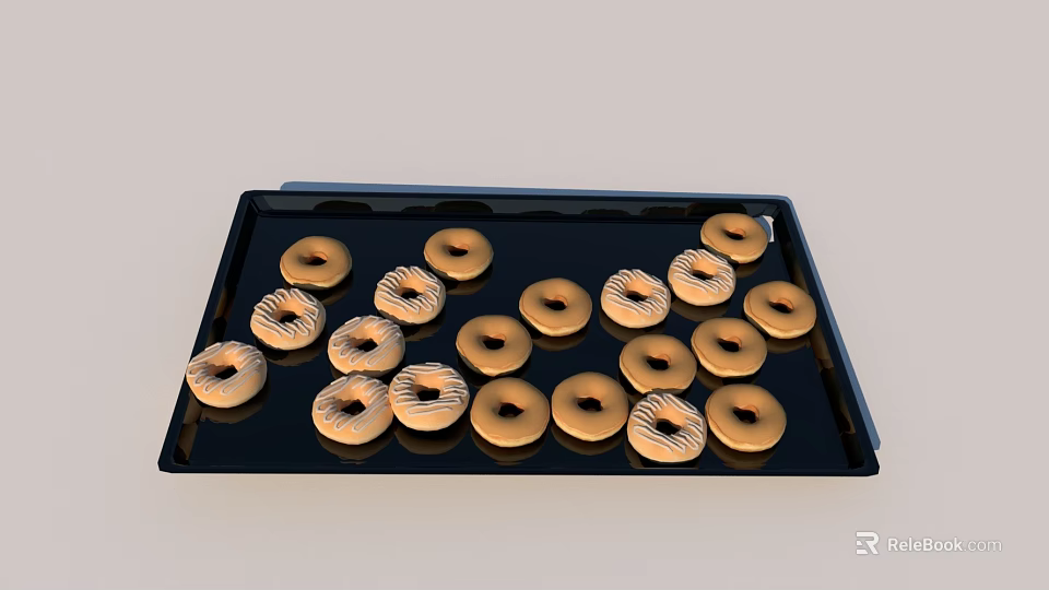 Golden Donuts Arranged On Black Tray With Glazed Topping And Round Shape 3d model 