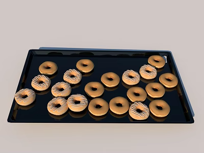 Golden Donuts Arranged On Black Tray With Glazed Topping And Round Shape 3d model