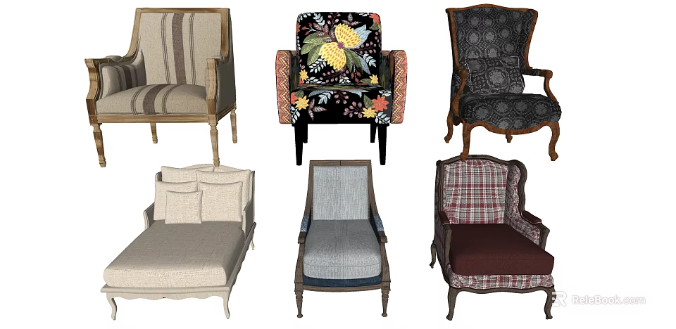 Single Seater Sofas Showcasing Different Patterns And Various Design Styles 3d model