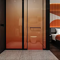 Modern Hotel Guest Room With Twin Beds Orange Decor Geometric Pattern Wall And Wooden Flooring