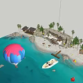 Tropical Waterfront Landscape With Palm Trees Beach Hot Air Balloon And Yacht Cabins
