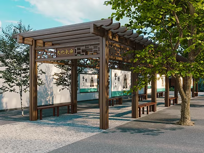 Chinese Style Wooden Pergola With Traditional Roof Design Benches Stone Pavement And Green Trees 3d model