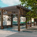 Chinese Style Wooden Pergola With Traditional Roof Design Benches Stone Pavement And Green Trees
