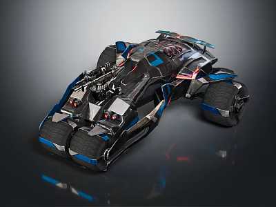 Futuristic Racing Car With Blue Black Color Scheme Multiple Wheels And Red Accents 3d model
