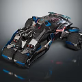 Futuristic Racing Car With Blue Black Color Scheme Multiple Wheels And Red Accents