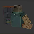 Furniture Gray Open Shelf With Red Top Green Cabinet Stacked Brown Boxes Open Wooden Crate