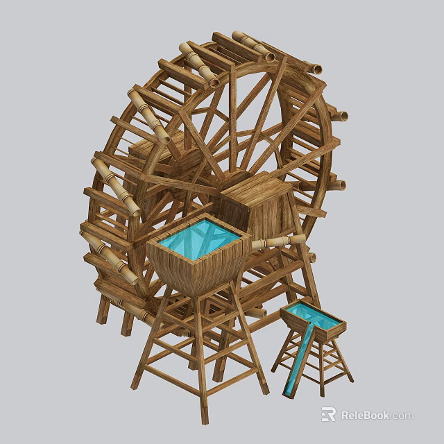 Wooden Waterwheel Garden Ornament With Blue Water Trough And Flowing Stream 3d model 