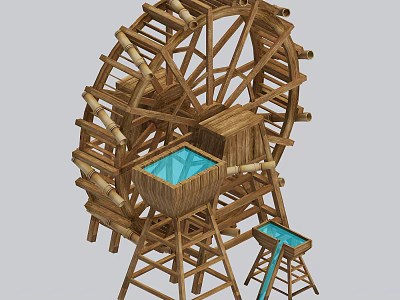 Wooden Waterwheel Garden Ornament With Blue Water Trough And Flowing Stream 3d model