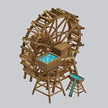 Wooden Waterwheel Garden Ornament With Blue Water Trough And Flowing Stream