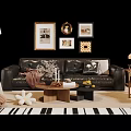 Black Leather Sofa and Coffee Table with Wall Art Floor Lamp and Decorative Pillows