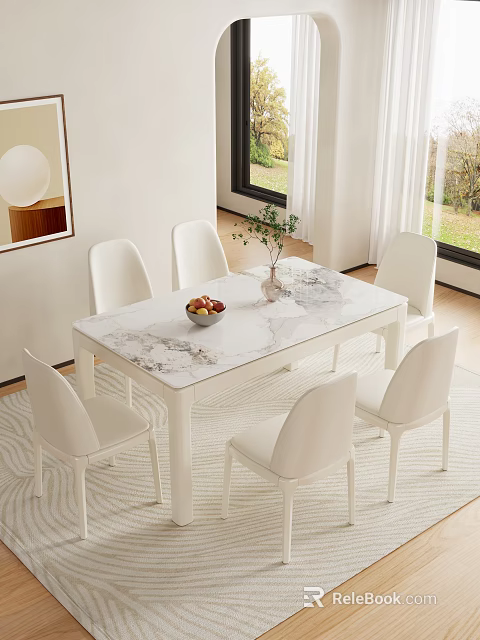Dining Table Set With Marble Top White Chairs Fruit Bowl And Potted Plant 3d model 