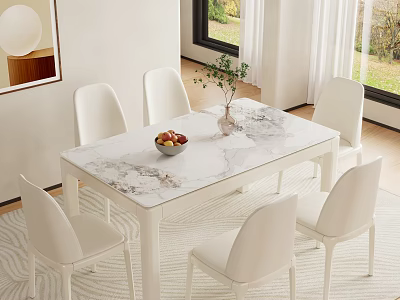 Dining Table Set With Marble Top White Chairs Fruit Bowl And Potted Plant 3d model