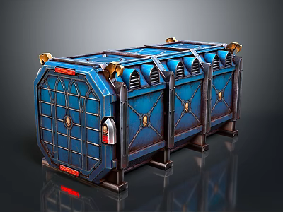 Blue Metal Storage Cabinet With Multiple Doors Golden Accents And Red Details 3d model