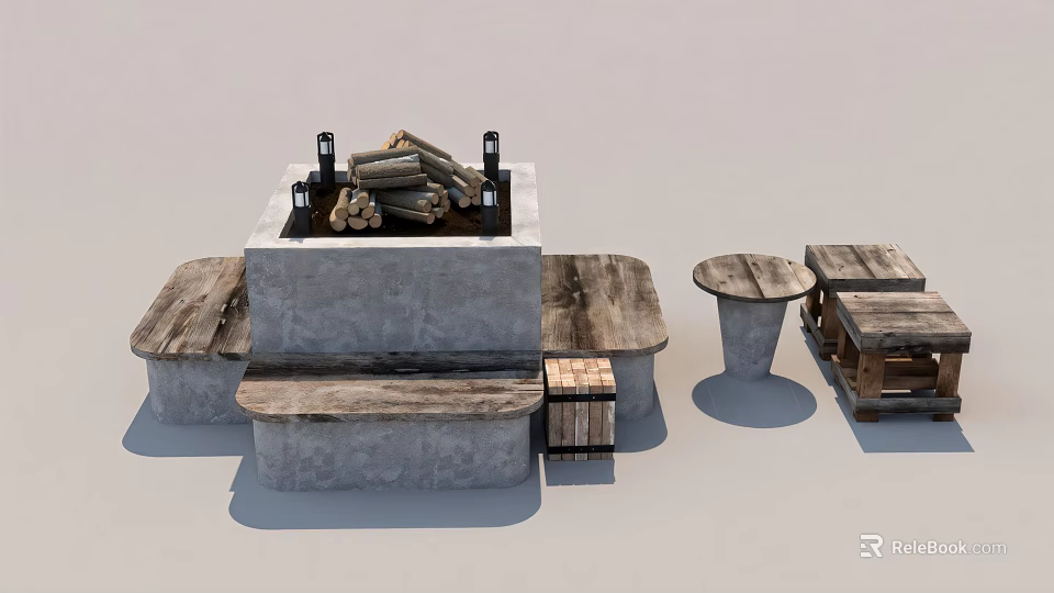 Rustic Concrete And Wooden Dining Table Set With Bench Small Round Table And Wood Stack 3d model