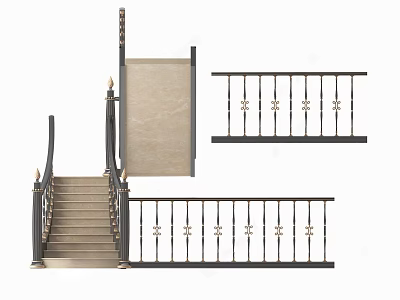 Elegant Staircase Design With Marble Steps And Ornate Metal Railings 3d model