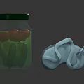 Glass Jar With Green Lid And Green Liquid Alongside Light Blue Slippers
