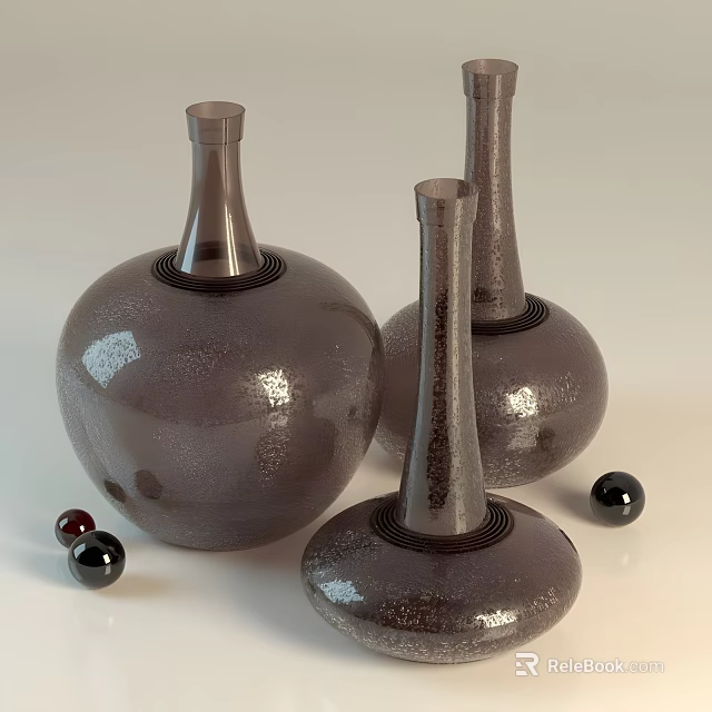 Three Gray Textured Vases With Round Bases And Small Decorative Balls 3d model 