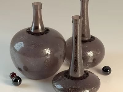 Three Gray Textured Vases With Round Bases And Small Decorative Balls 3d model