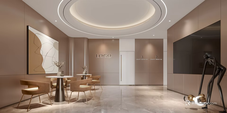 Modern Shop Front Desk with Logo Reception Area and Elegant Seating Lighting 3d model 
